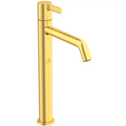 Standventil in brushed gold mit einer langen, geraden Auslaufarmatur von Ideal Standard. Die Konstruktion ist schlank und eignet sich für moderne Badezimmer.